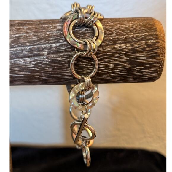 Faux Abalone Shell Silver Tone Chain Link Toggle Bracelet - Picture 2 of 6